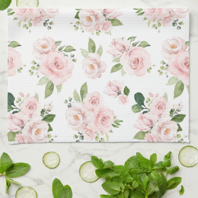 Rosa Flowers, Rosa ros, Watercolor Flowers Kökshandduk (Vikta)
