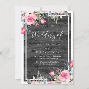  Rosa Flowers Rustic Wood Winter Wedding Inbjudningar