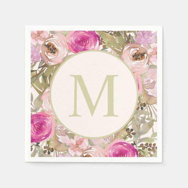 Rosa Flowers Sage Grönt Lövs Monogram Initial Pappersservett (Framsidan)