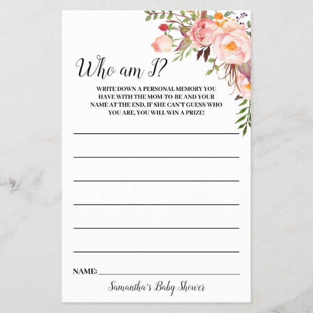 Rosa Flowers som är jag Baby Shower Game Card Flygblad (Framsidan)