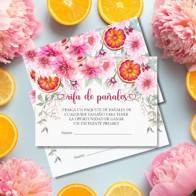 Rosa Flowers Spain Diaper Raffle Baby Shower Tilläggskort (Citrus & Pink Watercolor Flowers baby shower Spanish diaper raffle enclosure cards)