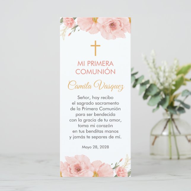 Rosa Flowers spansk First Communion Bookmark (Stående Fram)