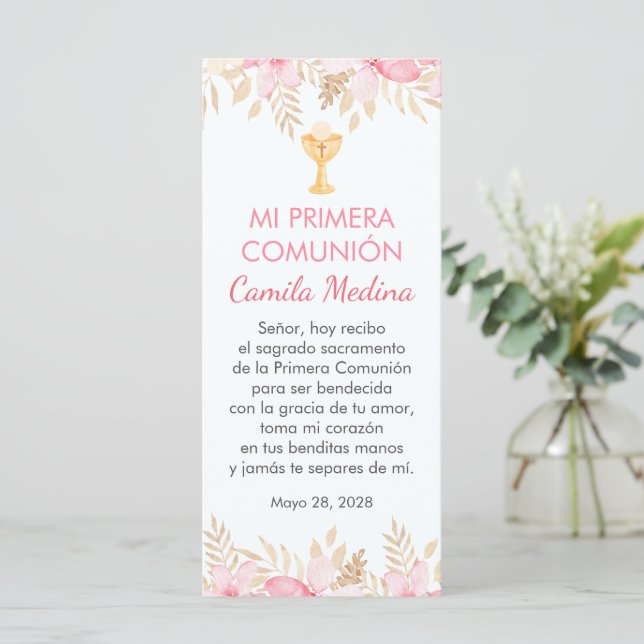 Rosa Flowers spansk First Communion Bookmark (Stående Fram)