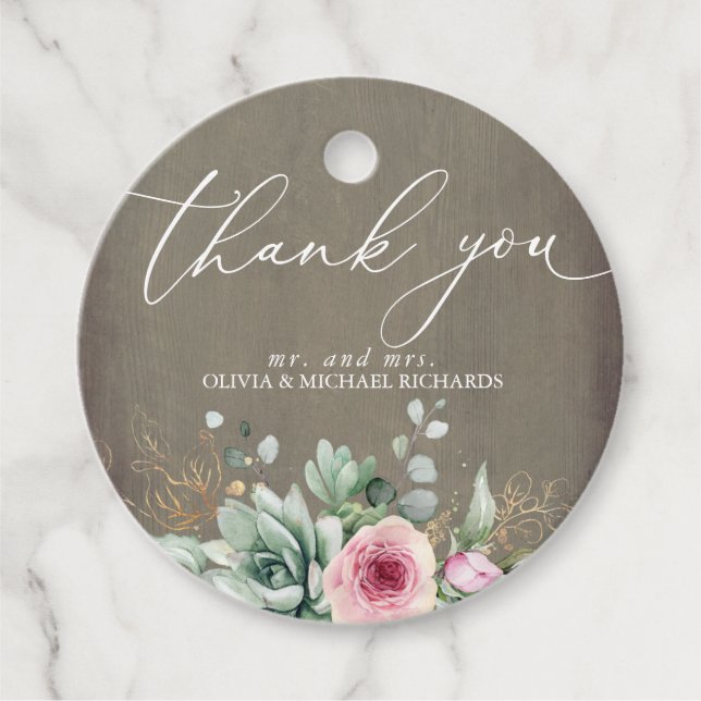 Rosa Flowers Succulents Greenery Tack Gåvor Etiketter (Framsida)