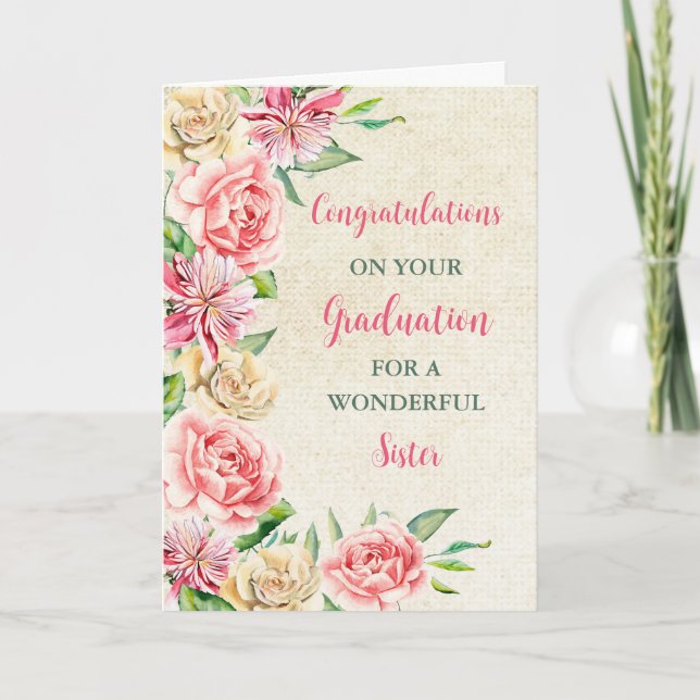 Rosa Flowers syster Grattis Studenten Kort (Framsida)