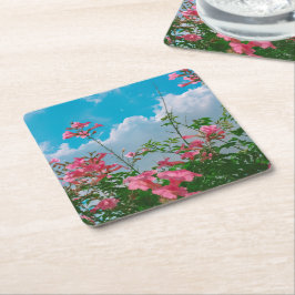 Rosa Flowers under Blå himmel med moln - natur Underlägg Papper Kvadrat