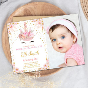 Rosa Flowers Unicorn Birthday-inbjudningar med fot Inbjudningar