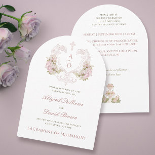 Rosa Flowers Vapensköld Monogram katolik Bröllop Inbjudningar