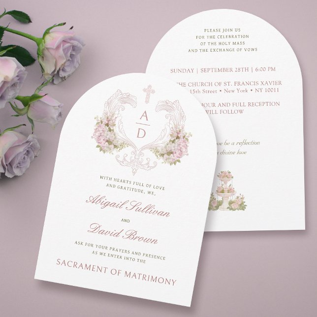 Rosa Flowers Vapensköld Monogram katolik Bröllop Inbjudningar (Skapare uppladdad)