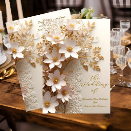 Rosa Flowers vid elegant bröllop White Snöre Guld Inbjudningar