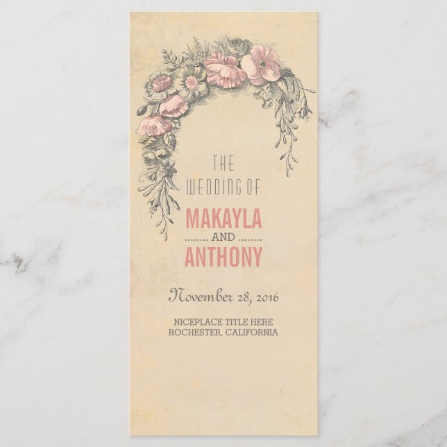 Rosa Flowers Vintage bröllop-program Program (Framsida)