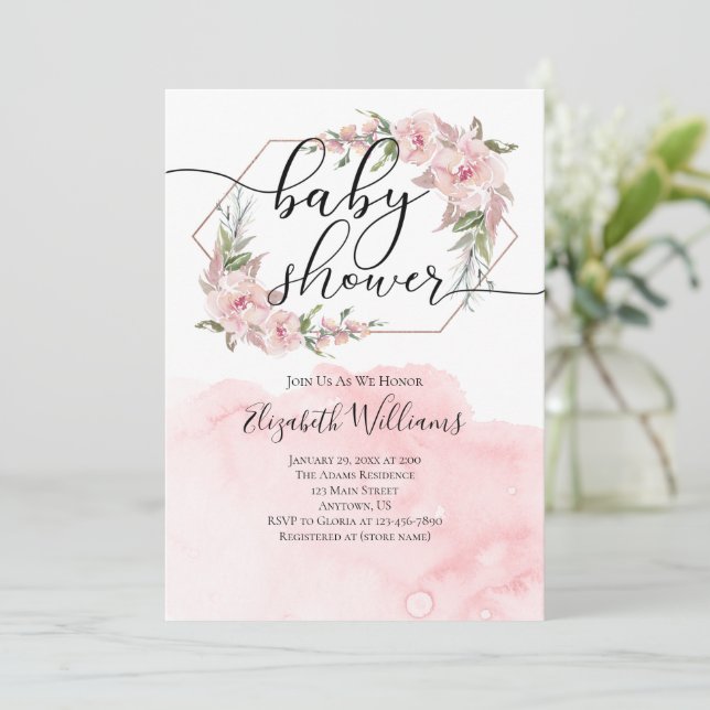Rosa Flowers Watercolor Girl Baby Shower Inbjudningar (Stående Fram)