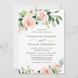  Rosa Flowers Watercolor Greenery Bröllop Inbjudningar
