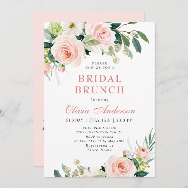  Rosa Flowers Watercolor Möhippa Brunch Inbjudningar (Fram/baksida)