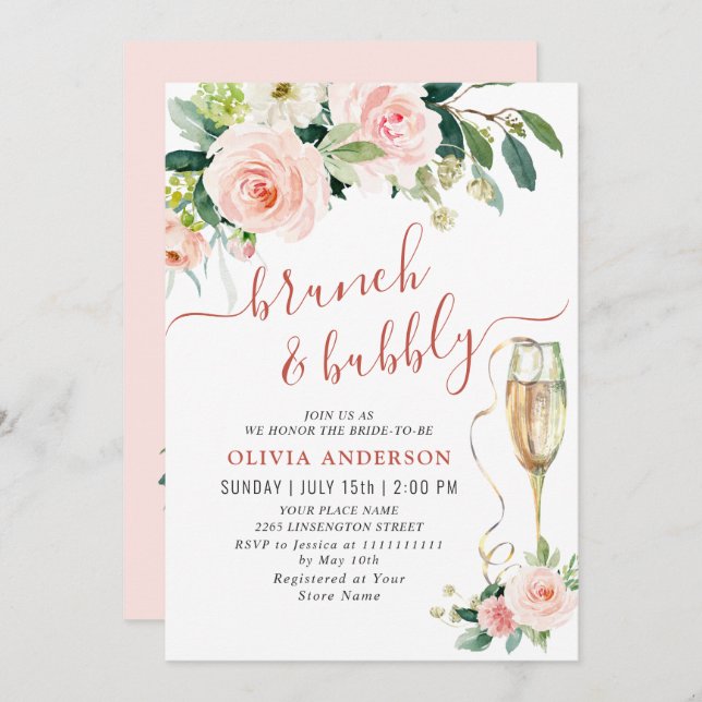  Rosa Flowers Watercolor Möhippa Brunch Inbjudningar (Fram/baksida)