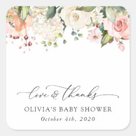 Rosa Flowers, White Flowers, Boho, Baby Shower Fyrkantigt Klistermärke