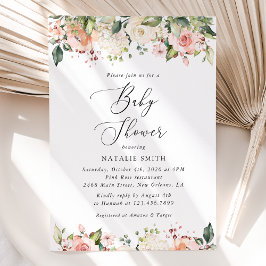 Rosa Flowers, White Flowers, Boho, Baby Shower Inbjudningar