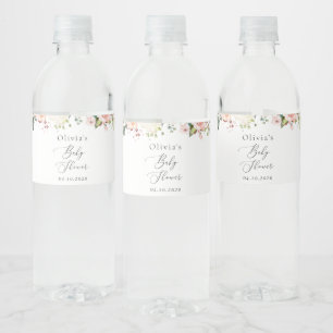 Rosa Flowers, White Flowers, Boho, Baby Shower Vattenflaskor Etikett