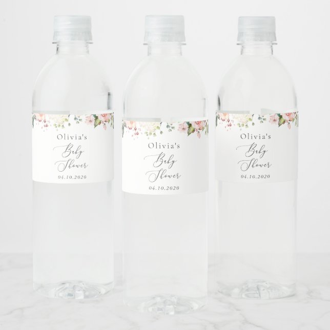 Rosa Flowers, White Flowers, Boho, Baby Shower Vattenflaskor Etikett (Flaskor)