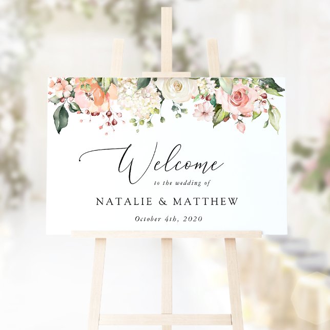 Rosa Flowers, White Flowers, Boho, Bröllop Welcome Poster (Skapare uppladdad)
