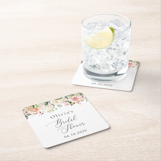 Rosa Flowers, White Flowers, Boho, Möhippa Underlägg Papper Kvadrat (Insitu)