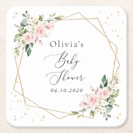 Rosa Flowers, White Flowers, Greenery, Baby Shower Underlägg Papper Kvadrat
