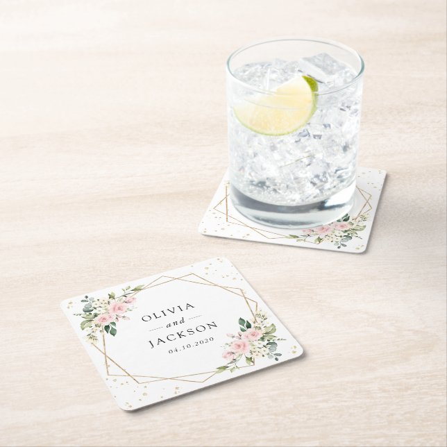 Rosa Flowers, White Flowers, Greenery, Bröllop Underlägg Papper Kvadrat (Insitu)
