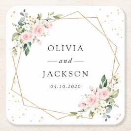 Rosa Flowers, White Flowers, Greenery, Bröllop Underlägg Papper Kvadrat