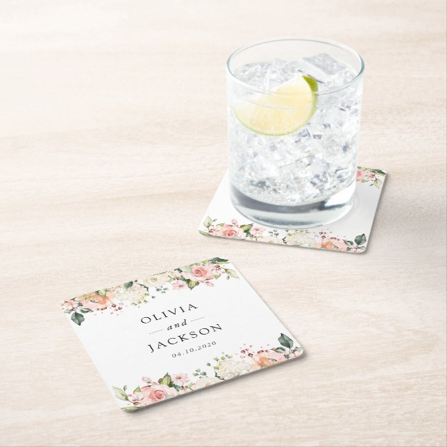 Rosa Flowers, White Flowers, Greenery, Bröllop Underlägg Papper Kvadrat (Insitu)