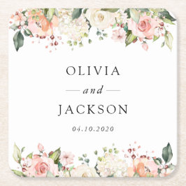 Rosa Flowers, White Flowers, Greenery, Bröllop Underlägg Papper Kvadrat