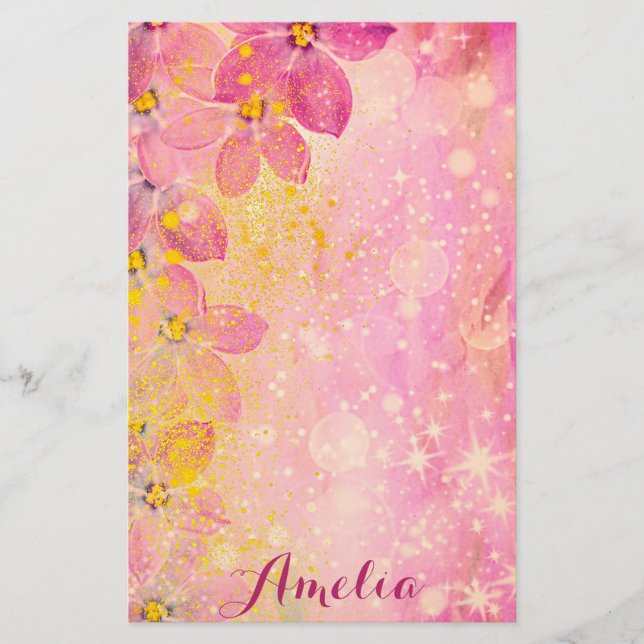 Rosa Flowers with Bokeh Sparkles & Paint Splatters Brevpapper (Framsida)