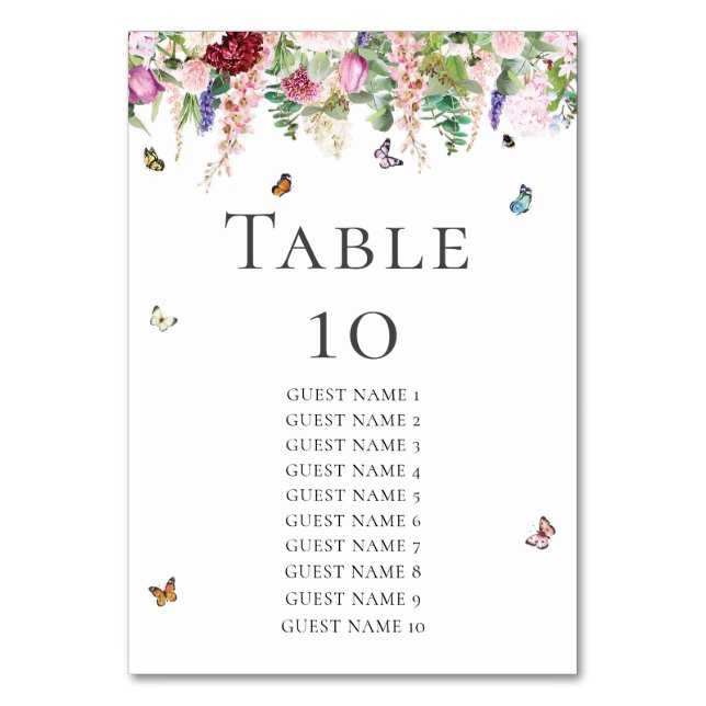 Rosa Flowers with Butterflies & Guest Namn Bordsnummer (Framsidan)