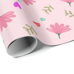 Rosa Flowers with Hearts Wrapping Papper Presentpapper