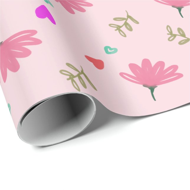 Rosa Flowers with Hearts Wrapping Papper Presentpapper (Rullad Hörn)
