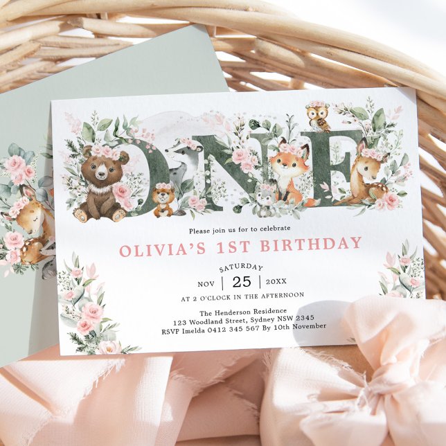 Rosa Flowers Woodland Animals 1st Birthday Girl Inbjudningar (Skapare uppladdad)