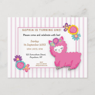Rosa Fluffy Llama Rand Första födelsedagsinbjudan Vykort