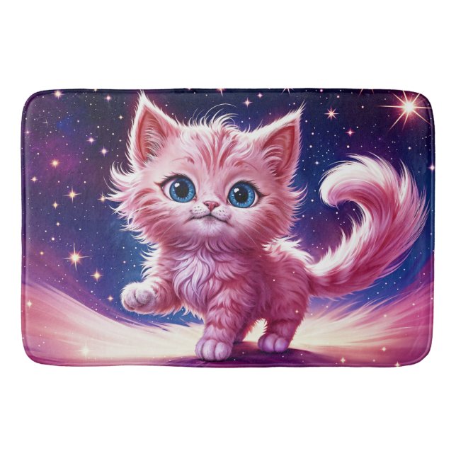 Rosa fluffy söt katt surreal blue ögon stil badrumsmatta (Framsidan)