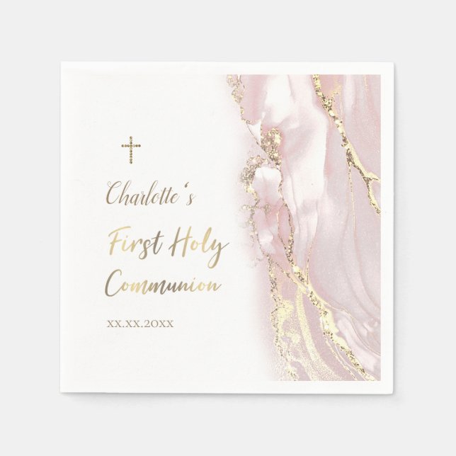 rosa fluid marble First Communion Pappersservett (Framsidan)