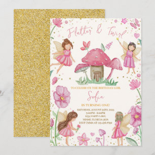 Rosa Flutter och Twirl Fairy Birthday Inbjudningar