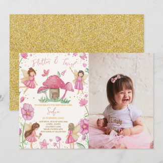 Rosa Flutter och Twirl Fairy Birthday Photo Inbjudningar