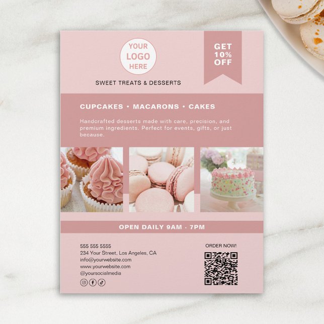 Rosa Flyer för Anpassningsbar Logotyp för bakverk (Bakery Custom Logo Pink Flyer)