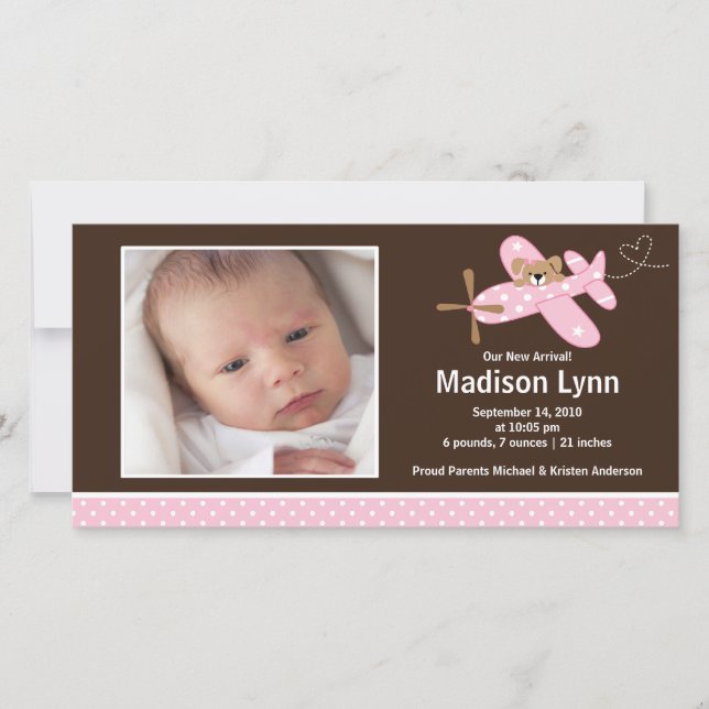 Rosa Flygplan Flicka Birth Annouement Meddelande (Framsida)