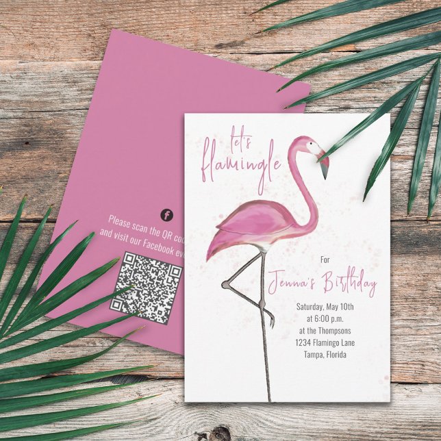 Rosa Födelsedag Söt Flamingo QR-Kod Sociala Medier Inbjudningar (Skapare uppladdad)