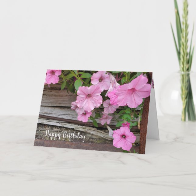 Rosa födelsedags petunia på trä kort (Framsida)