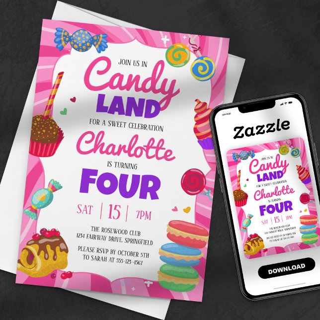 Rosa Födelsedagsfest av Candy Land Sweet Inbjudningar (Skapare uppladdad)