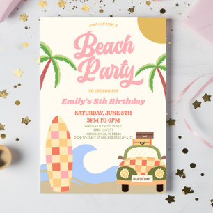 Rosa Födelsedagsfest för Surfa i Retro Beach Party Inbjudningar