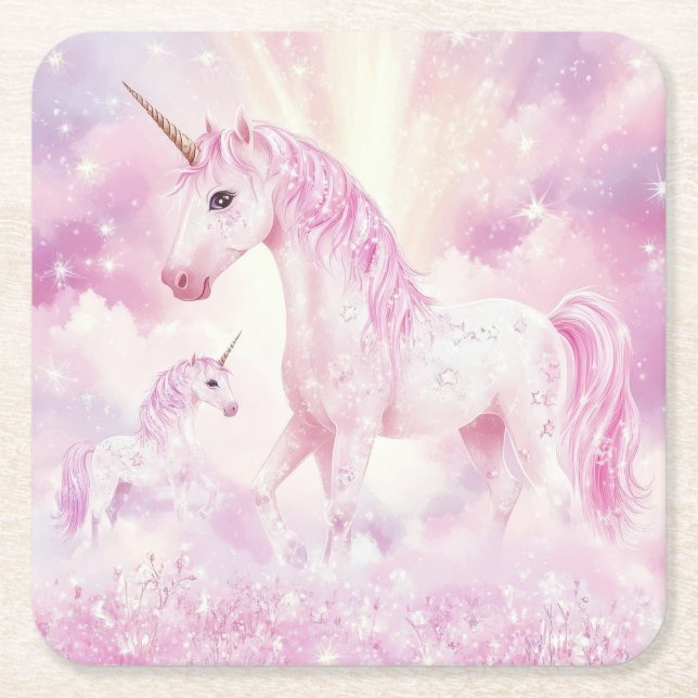 Rosa Födelsedagsfest Unicorn Papper Underlägg Kvadrat (Framsidan)