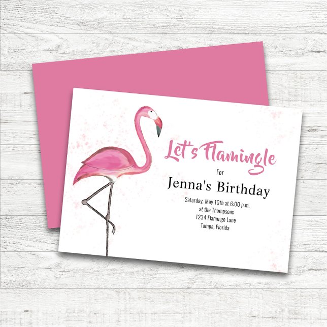 Rosa Födelsedagsfest Vattenfärg Flamingo Inbjudningar (Pink Flamingo Custom Birthday Party Invitations.)
