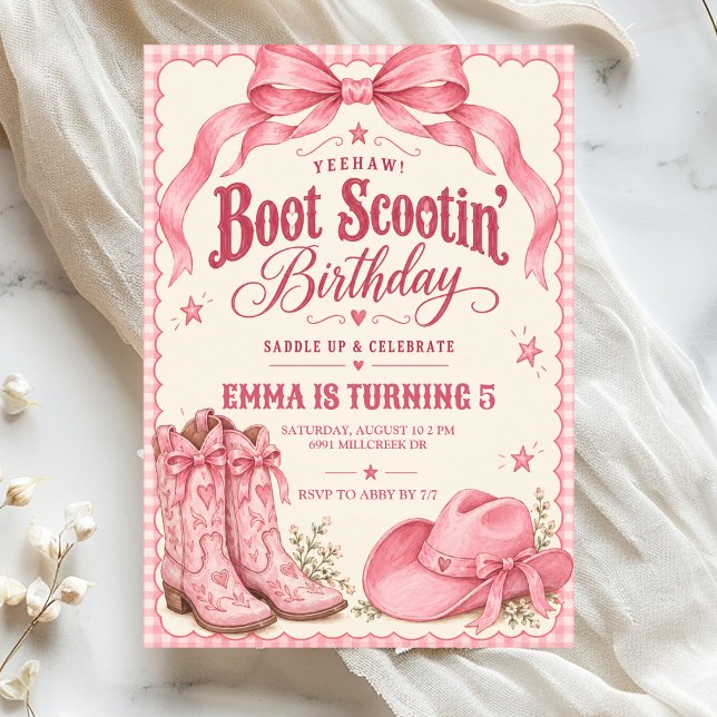Rosa födelsedagsinbjudan för Boot Scooting Inbjudningar (Skapare uppladdad)