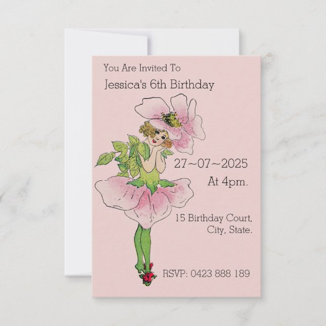 Rosa födelsedagsinbjudningar Vintage Fairy Inbjudningar (Framsida)